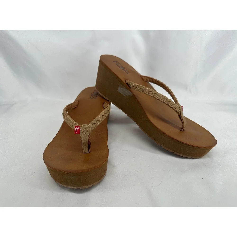 Flojos Hayley Wedge Flip Flops Women 8 Tan Braided Platform Summer Sandals 184